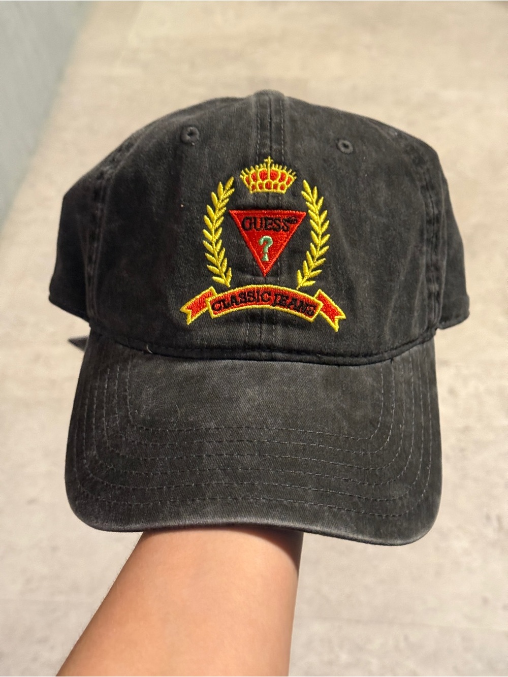 GUESS Black Baseball Cap with Red & Gold Crest